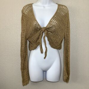 Vintage Y2K Tan Bohemian Hippie Earthy Artsy Knitted Tied Bolero Cardigan PM